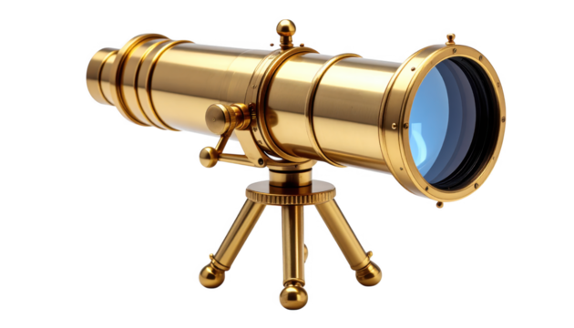 Antique brass telescope on tripod isolated on transparent background