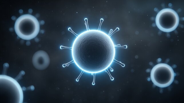 Macro shot of glowing hiv virus particle in blood medical visualization dark environment gigapixel detail