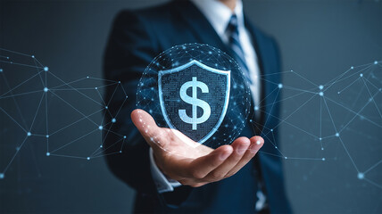 A businessman in a dark blue suit gently cradles a glowing digital sphere containing a dark blue shield with a bright white dollar sign inside the