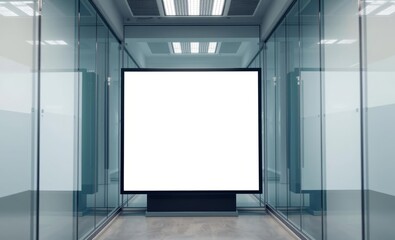 A sleek minimalist billboard framed by modern glass walls awaits its branding and marketing message within a contemporary office corridor inviting viewers to engage and interact  professional presenta