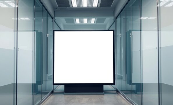 A sleek minimalist billboard framed by modern glass walls awaits its branding and marketing message within a contemporary office corridor inviting viewers to engage and interact  professional presenta