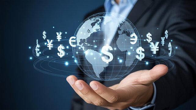 A mans hand gently cradles a translucent 3 D globe encircled by glowing currency symbols dollar euro yen pound sterling signifying global finance and