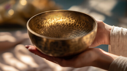 A person holds a shiny, intricately designed golden bowl. The bowl has a textured surface and reflects light beautifully. Soft background elements are blurred.