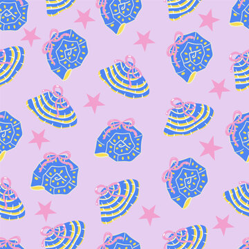 Blue Seashell Seamless Pattern, Pink Background