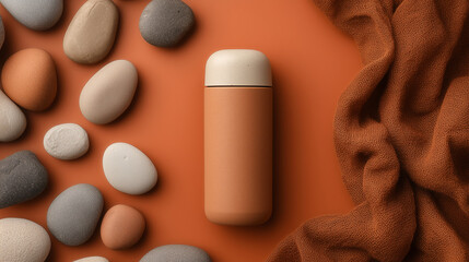 A stylish insulated water bottle in a warm terracotta color surrounded by smooth pebbles and a soft brown fabric. The scene conveys a cozy, minimalist aesthetic.