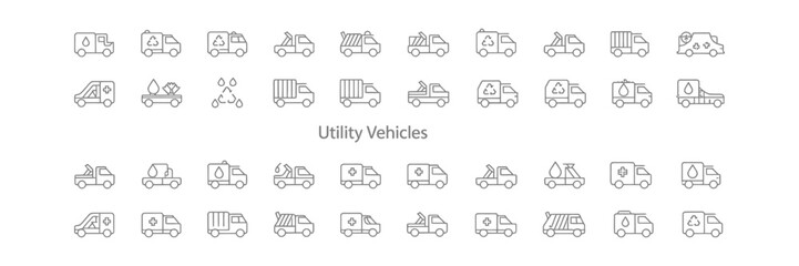 Line icon collection featuring various utility vehicles on transparent background