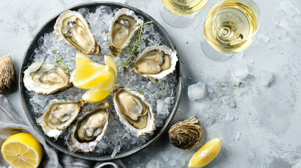 A platter of fresh oysters on ice with lemon slices and two glasses of white wine. The scene is elegant and appetizing, perfect for seafood lovers.