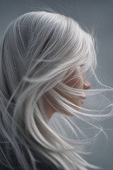 Profile of a young Caucasian woman with long, flowing platinum blonde hair. The background is softly blurred, emphasizing her serene expression and delicate features.