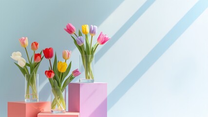Colorful tulips in glass vases on podiums with shadows on blue background. Spring floral display for greeting card.