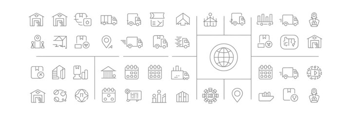 Logistics and Delivery Outline Icons Set Truck, Globe, Calendar, Location, and Warehouse
