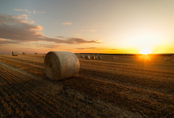 Golden sunset over farm field with hay bales. © Dusan Kostic