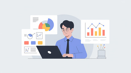 Data Analytics Visualization Man Working Laptop Charts Graphs Pie Charts Bar Charts Line Graphs Businessman Analyzing Data Reports Infographics Flat