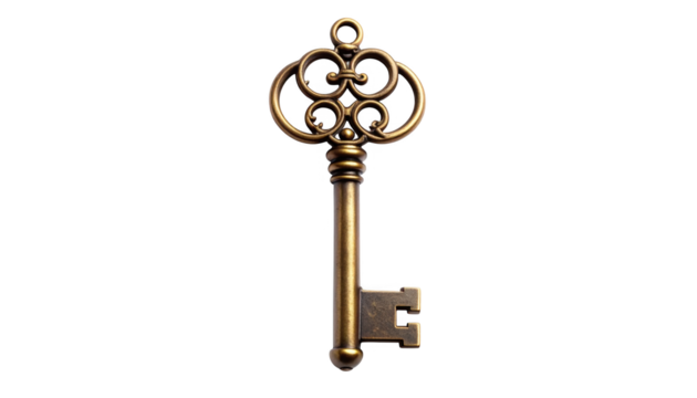 Antique bronze decorative key isolated on transparent background - Powered by Adobe