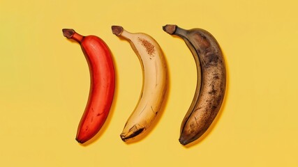 Three bananas, red, yellow and dark, symbolizing different stages of life, growth, and change on a colorful background.