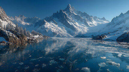 A breathtaking panoramic view of a pristine alpine lake with floating ice reflecting a jagged, snowy mountain range