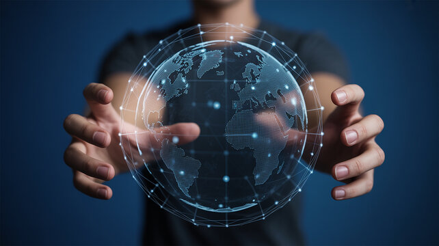Person Hands Gently Holding a Digital Globe Earth Network Connections Blue Background 3 D Render