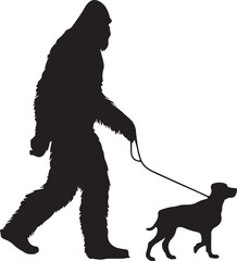 Bigfoot Walking a Dog on a Leash Silhouette Vector Illustration on Transparent Background