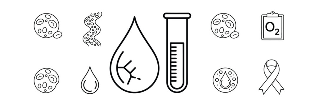 Outline Icons of Blood Cells, Vein, Water Drop, Test Tube, and Oxygen on Clipboard