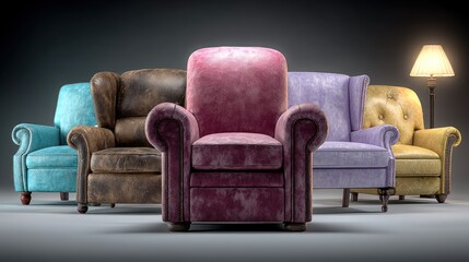 Colorful, vintage armchairs under warm light