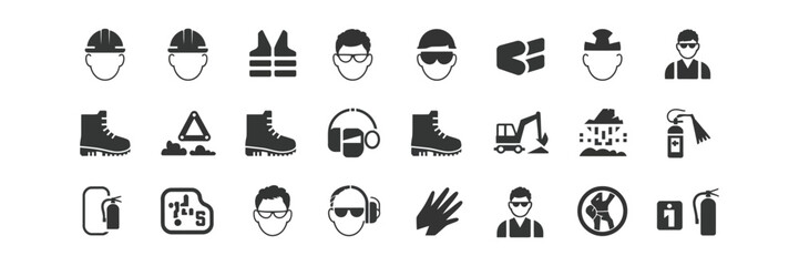 Safety & construction Icons set featuring worker avatars and hazard warnings transparent