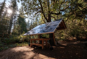 Sunlit solar panel array mounted on a rustic wooden structure in a forest, providing power to a nearby table