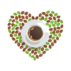 Obraz premium Coffee Cup Surrounded by Coffee Beans and Leaves, Overhead View