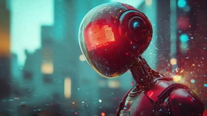 Futuristic red robot in a cyberpunk city - Powered by Adobe