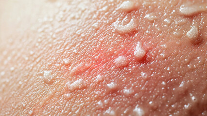 Close-up of sunburned skin on back with redness and blisters - copy space, irritated skin , Sunburned Back 