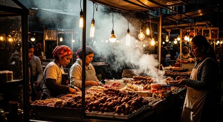 Asian female vendors cooking street food at night market with vibrant smoke and lights