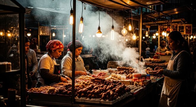 Asian female vendors cooking street food at night market with vibrant smoke and lights