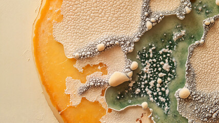  Mold Spots on Fruit Skin, Not safe to eat, Food spoilage, Throw away, Macro shot of moldy orange peel with varied colors on light background - copy space  