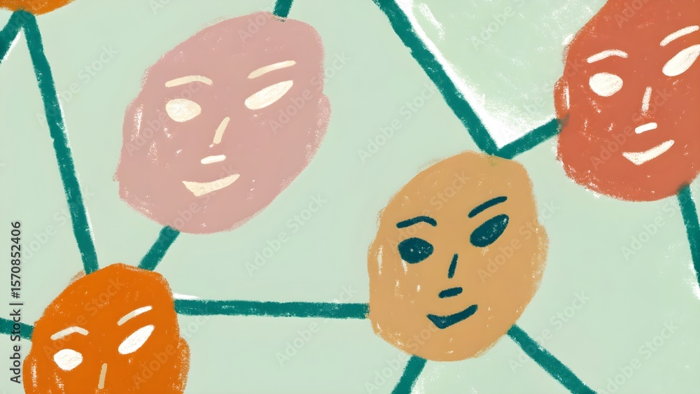 Poster abstract faces connected by lines symbolize ai agents in a network.