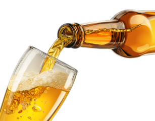 Beer bottle with a drinking glass full of beer isolated on a transparent background