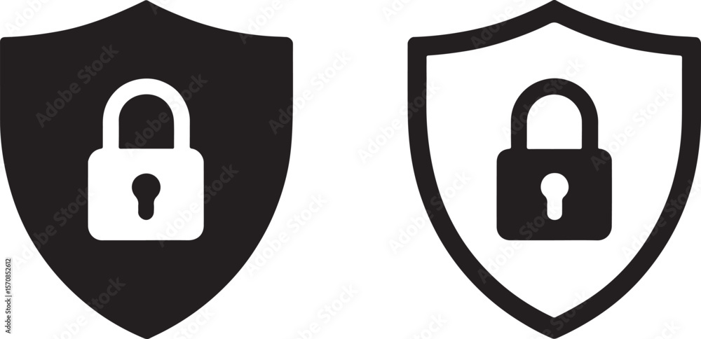 Poster shield and padlock icons depicting security protection and data encryption safeguarding information 