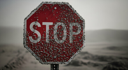 Weathered Stop Sign In A Desolate Landscape Symbolizing Caution And Delay