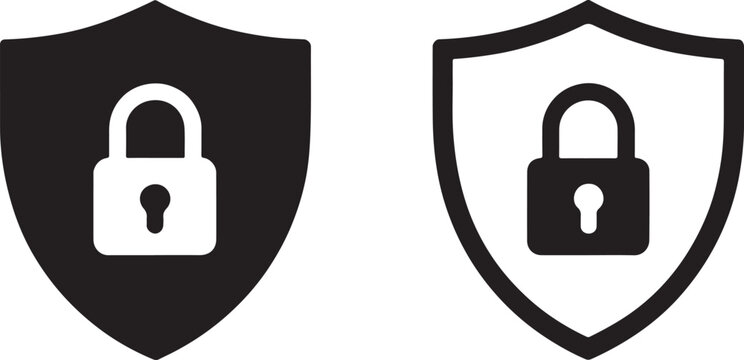 Shield and Padlock Icons Depicting Security Protection and Data Encryption Safeguarding Information Ensuring Confidentiality with Black and White Visuals
