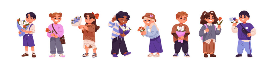 Set of kids carrying flowers. Happy students back to school with bouquets for teacher. Cute children hold posies in hands for Knowledge Day. Flat isolated vector illustrations on white background