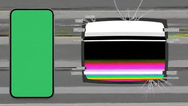 Minimal Smartphone Mockup with Flat Green Screen and Broken TV Glitch Background.