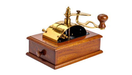 Antique hand crank coffee grinder isolated on transparent background