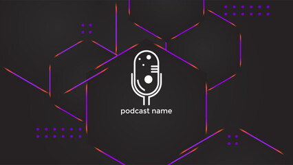 PODCAST DARK BACKGROUND WITH HEXAGON GEOMETRIC SHAPES PURPLE ORANGE GRADIENT COLOR SIMPLE TEMPLATE DESIGN VECTOR. GOOD FOR COVER DESIGN, BANNER, WEB,SOCIAL MEDIA