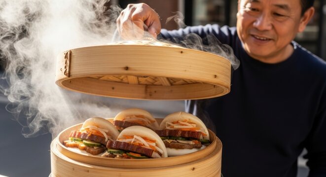 Asian male serving freshly steamed bao buns with pork and vegetables
