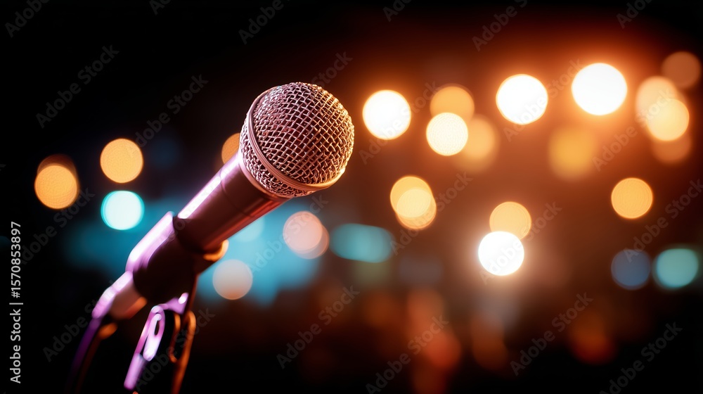 Poster close-up of a microphone in a lively venue with blurred lights shining in the background during a pe