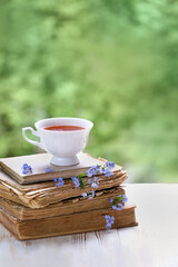 Cup of tea, blue flowers and old books on table close up. beautiful composition. spring or summer romantic scene with tea party in garden. reading, relax time.