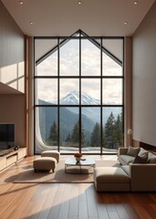 View of interior living room with mountain outside the window Empty room interior design architecture blank design room