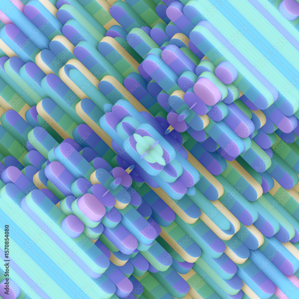 Poster digital scene with a symmetrical arrangement of rectangular shapes. 3d rendering
