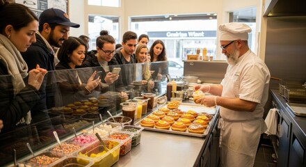 Diverse group observes pastry chef preparing donuts in bakery kitchen