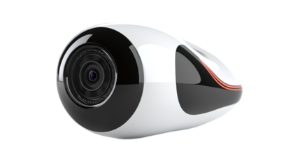 • A modern security camera with a sleek design, isolated on white background in HD 