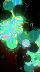 Glossy black spheres that emit bright yellow-green light patterns. 3d rendering