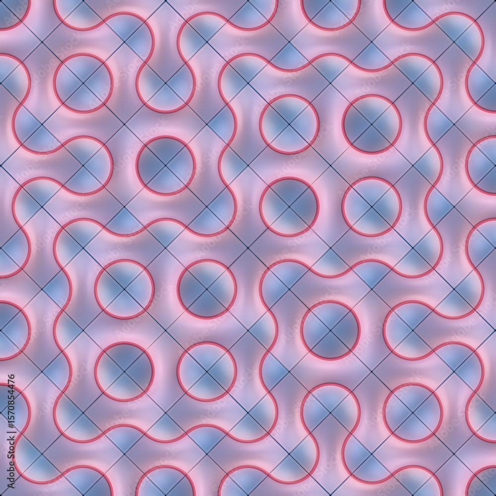 Poster illustration of a symmetrical, colorful, wavy pattern consisting of multiple square tiles, each cont