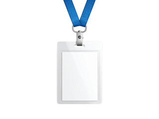 A blank ID card with a blue lanyard hanging, isolated on a white background.